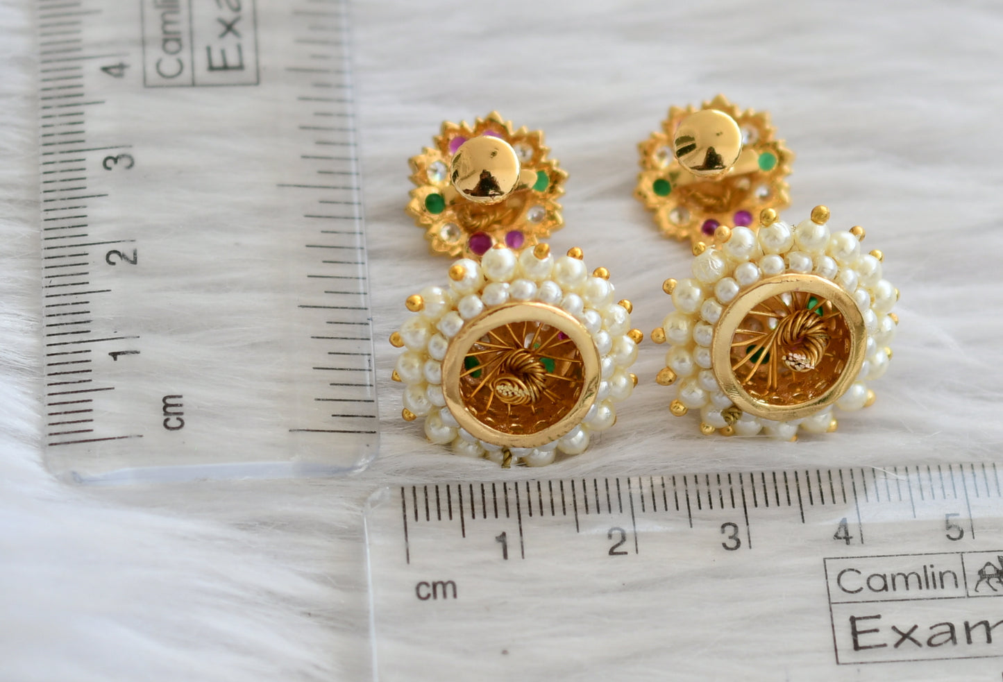 Gold tone ad pink-green-white stone pearl jhumkka dj-46017