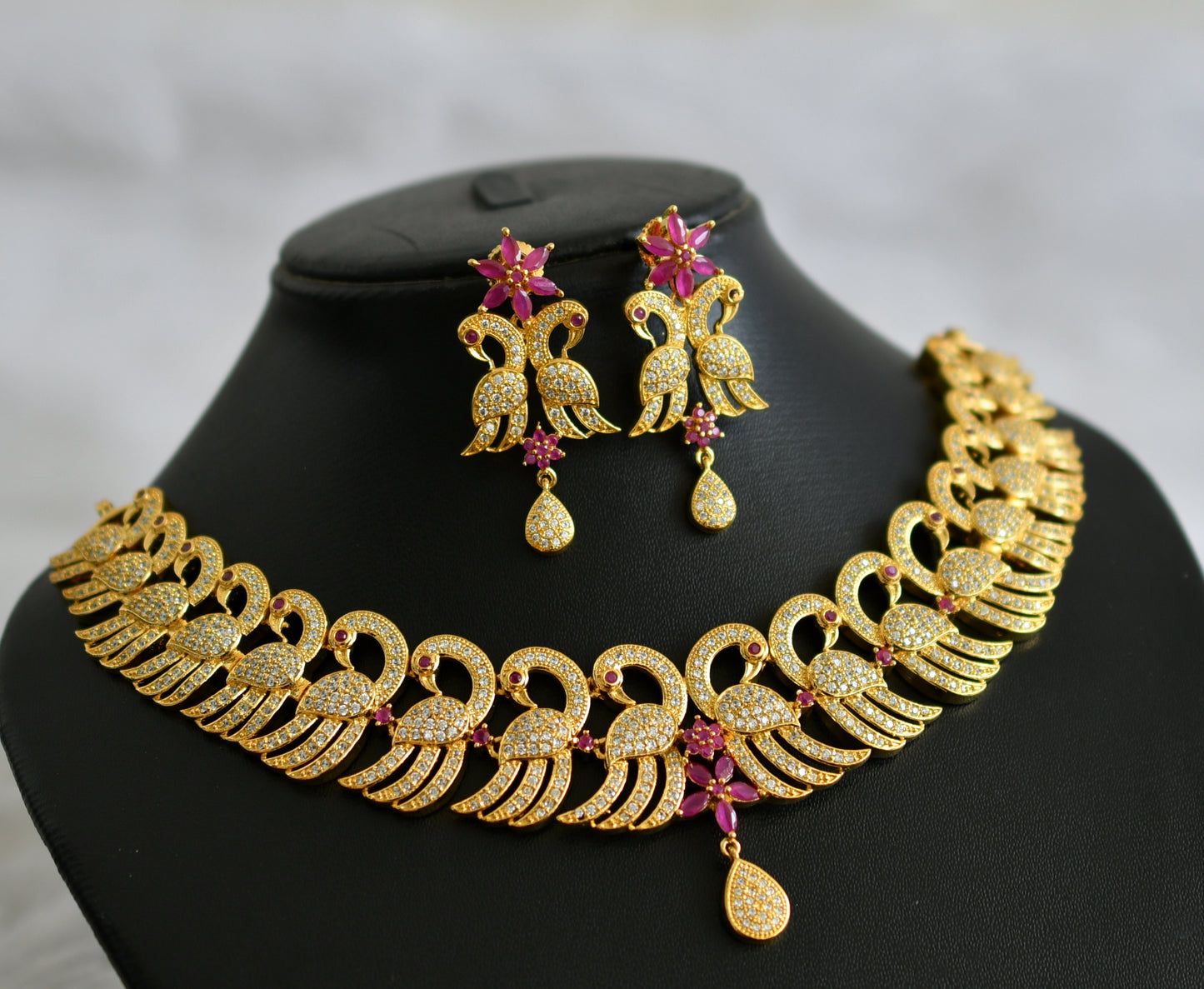 Gold tone ruby-white stone peacock necklace set dj-47626