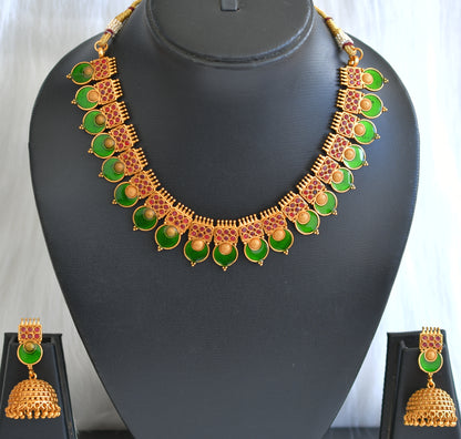 Matte finish Kerala style Maroon-green round necklace set dj-42810