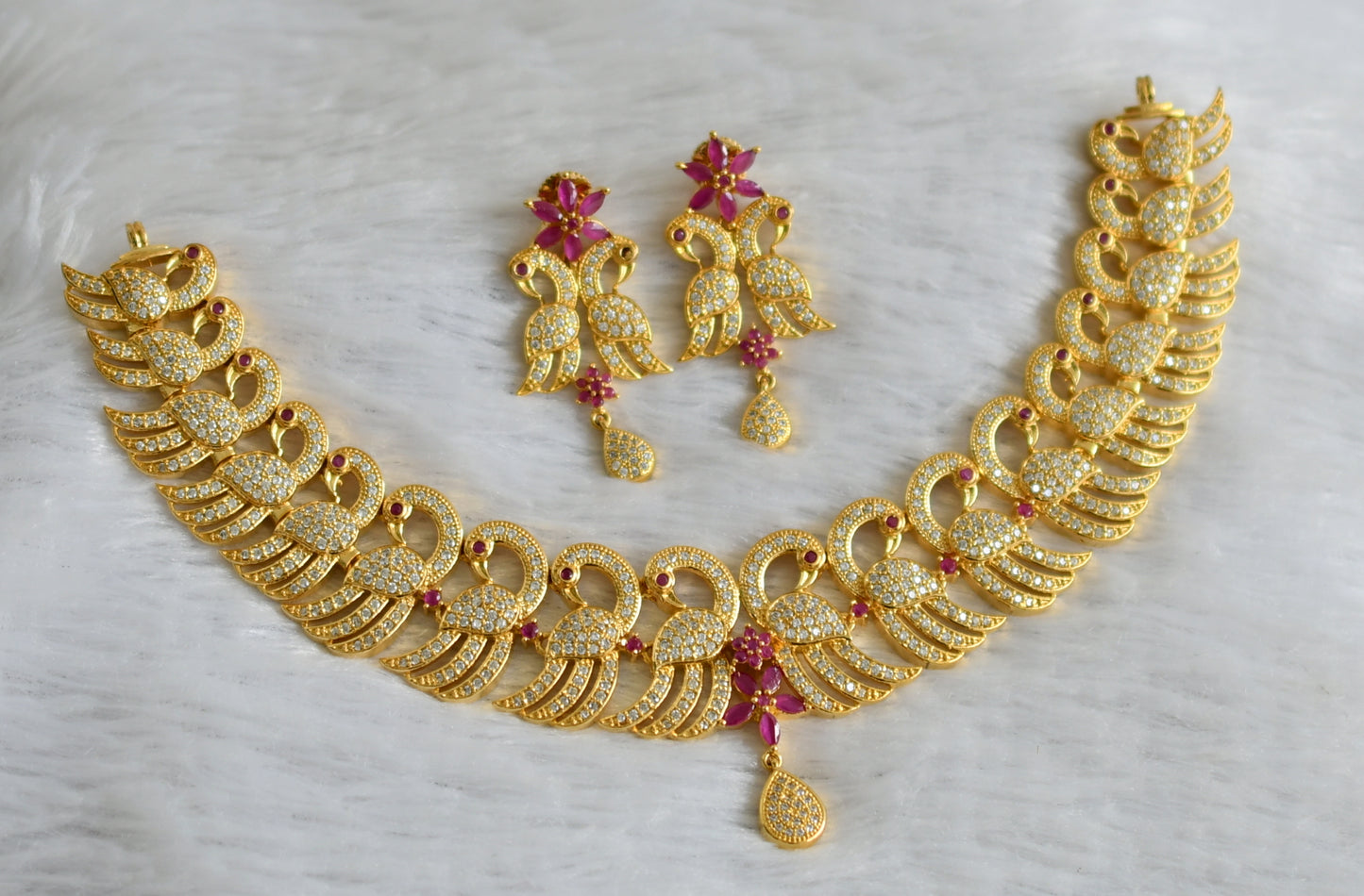 Gold tone ruby-white stone peacock necklace set dj-47626