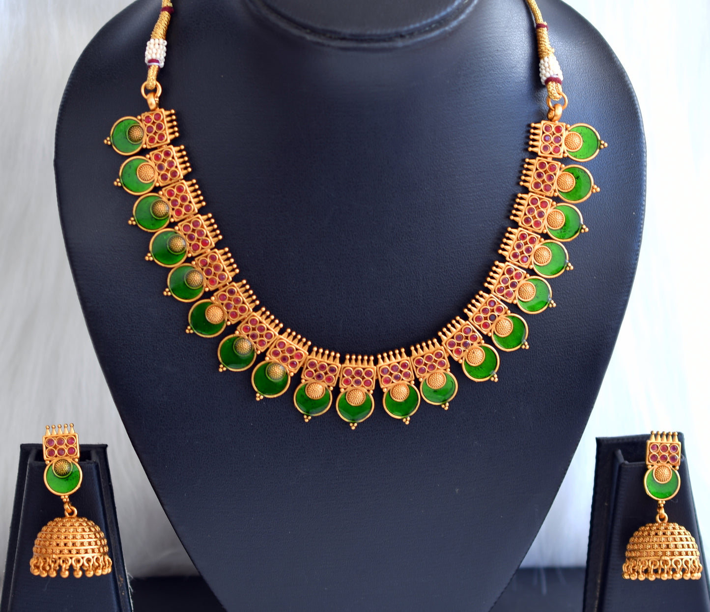 Matte finish Kerala style Maroon-green round necklace set dj-42810