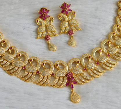 Gold tone ruby-white stone peacock necklace set dj-47626