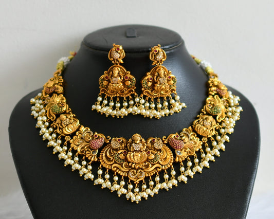 Matte finish ruby-green-white pearl cluster lakshmi peacock nakshi necklace set dj-49467