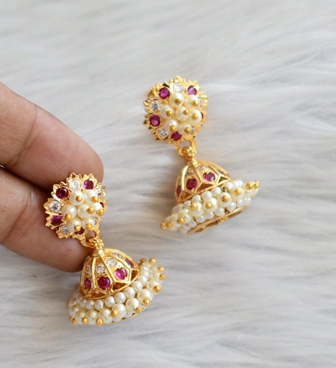 Gold tone ad pink-white stone pearl jhumkka dj-46016
