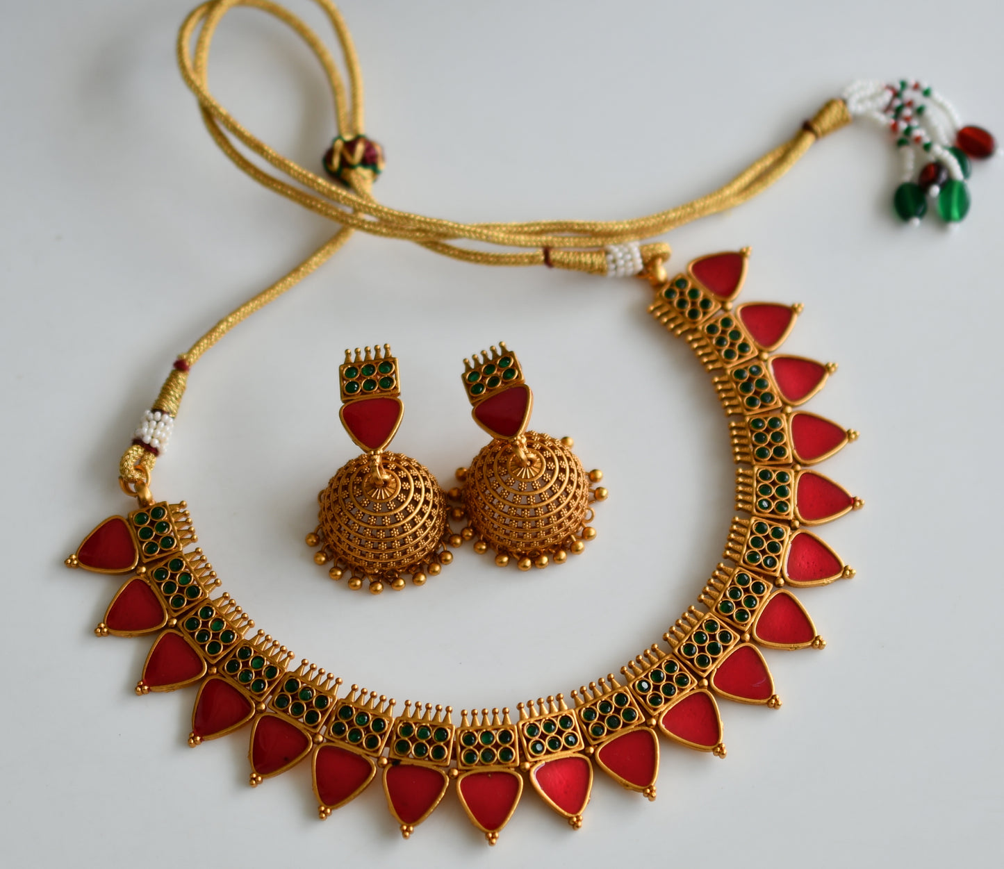 Matte finish Kerala style Green-red necklace set dj-42812