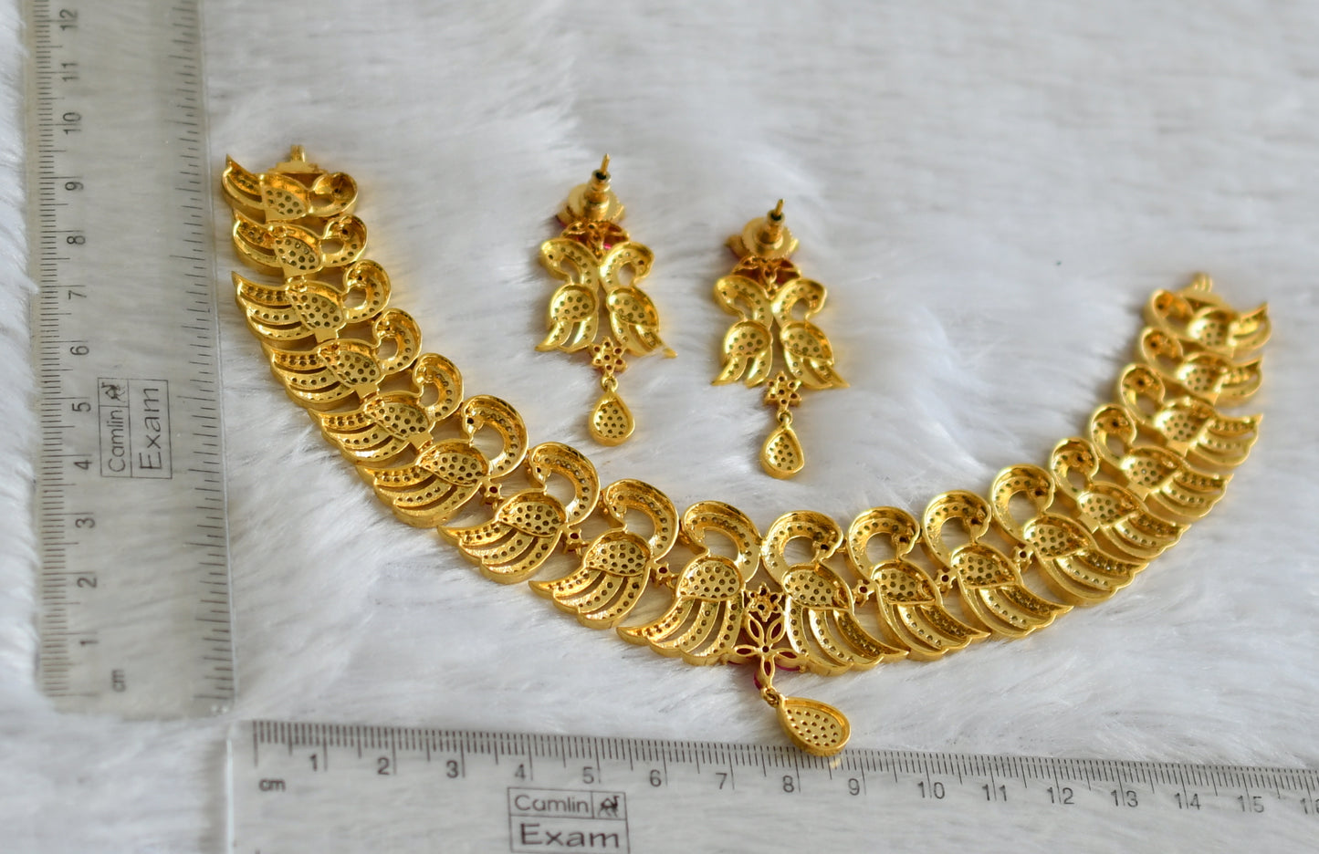 Gold tone ruby-white stone peacock necklace set dj-47626