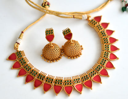 Matte finish Kerala style Green-red necklace set dj-42812