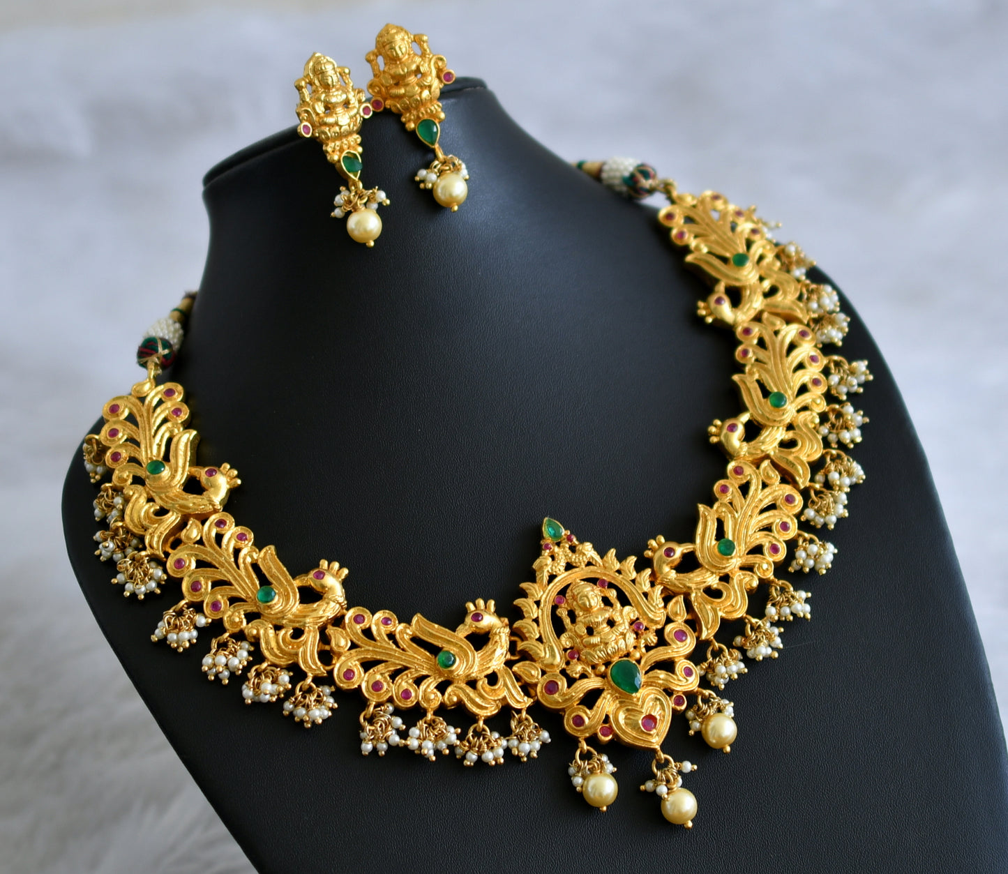 Gold tone ruby-emerald pearl cluster lakshmi peacock necklace set dj-47624