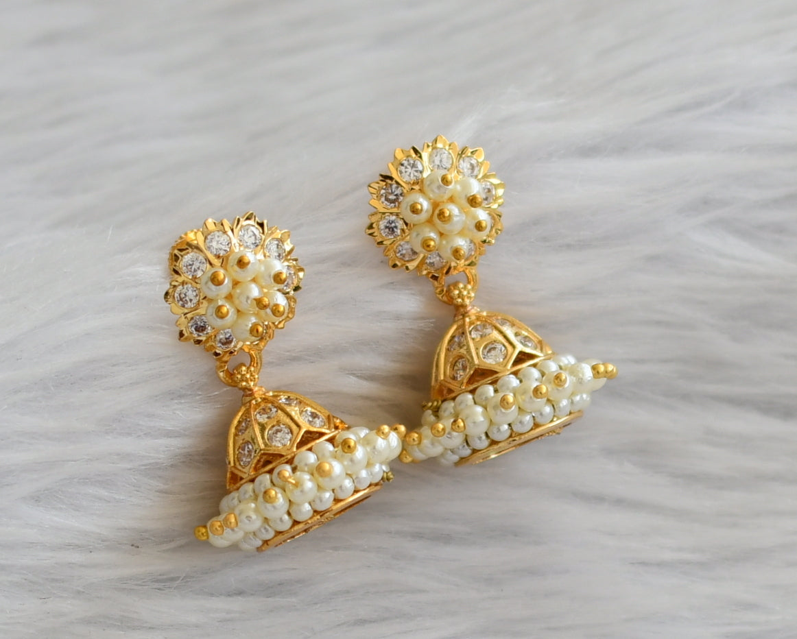 Gold tone ad white stone pearl jhumkka dj-46018