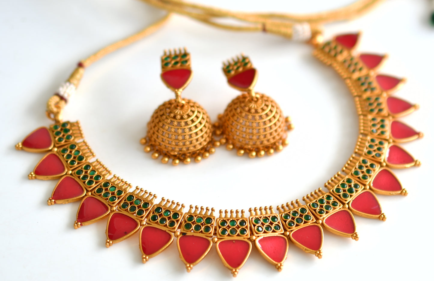 Matte finish Kerala style Green-red necklace set dj-42812