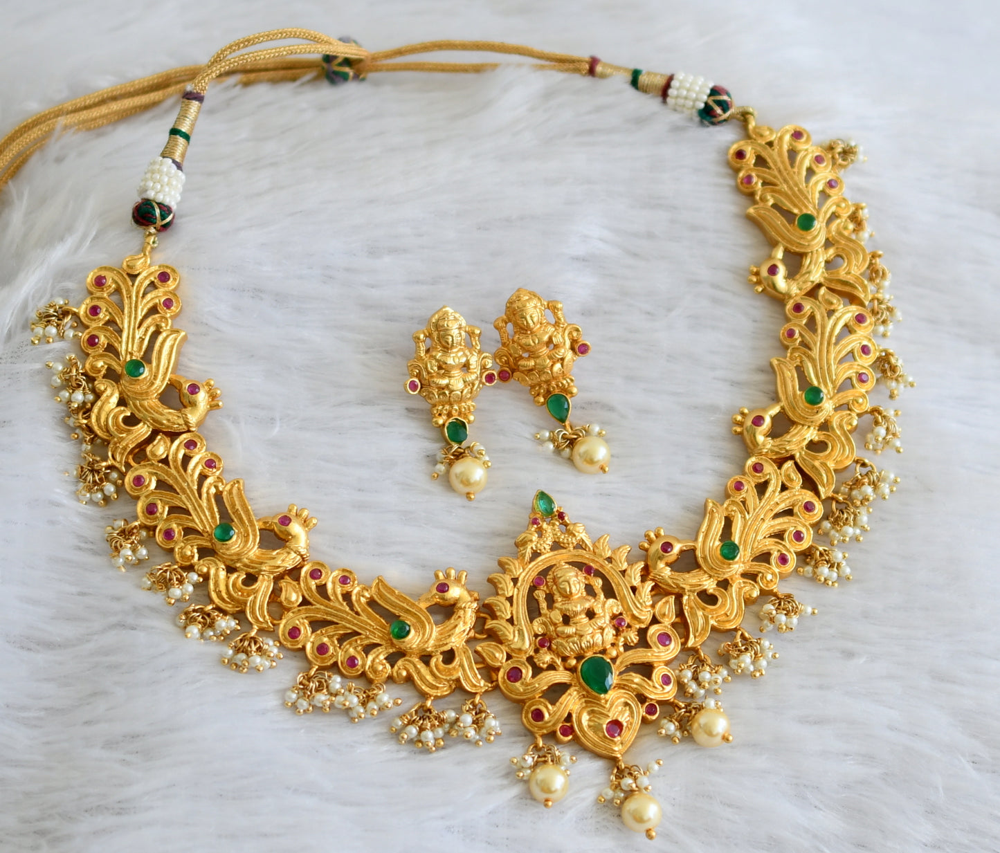 Gold tone ruby-emerald pearl cluster lakshmi peacock necklace set dj-47624