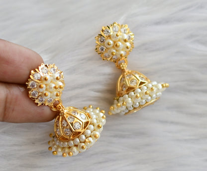 Gold tone ad white stone pearl jhumkka dj-46018