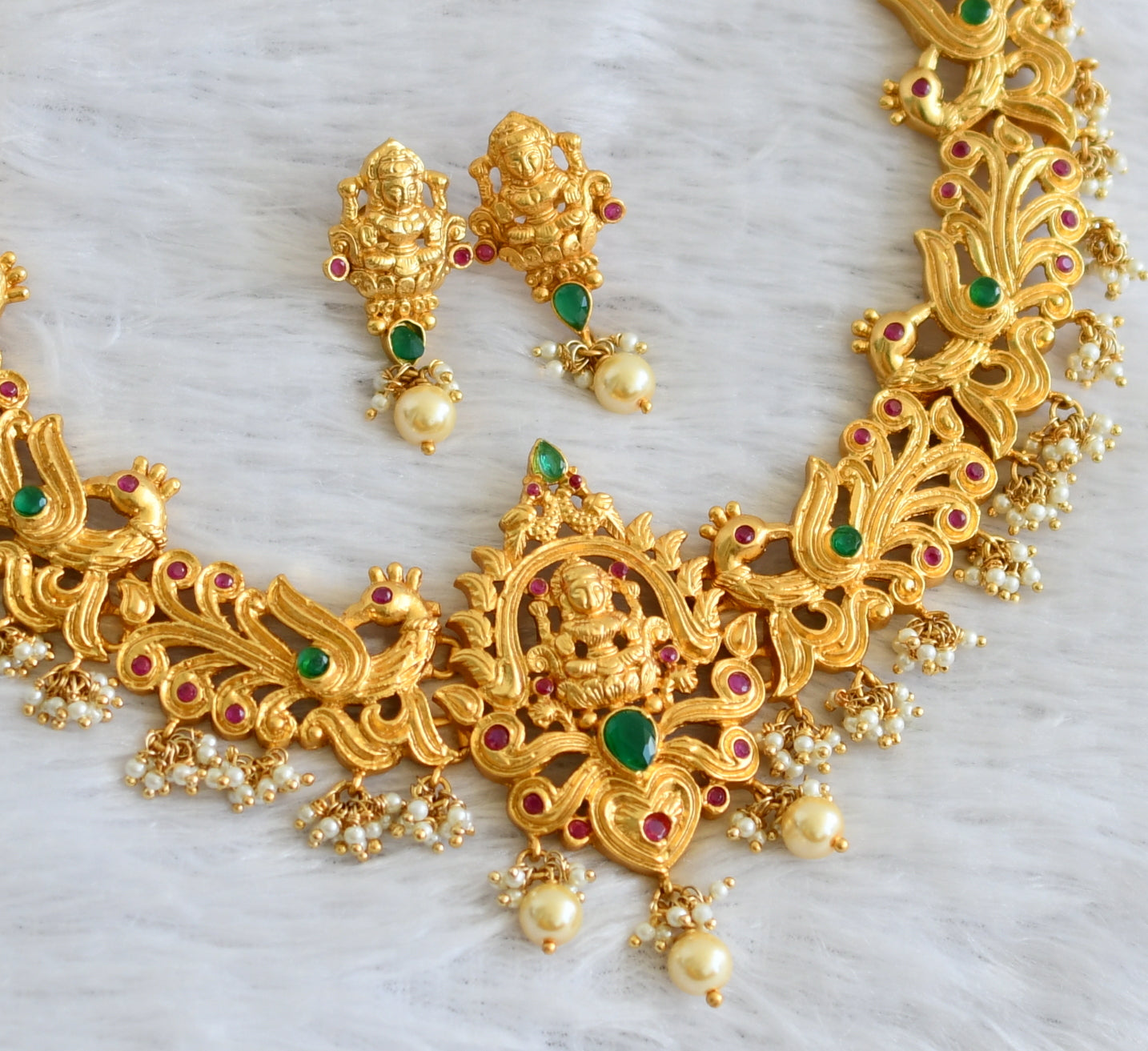 Gold tone ruby-emerald pearl cluster lakshmi peacock necklace set dj-47624