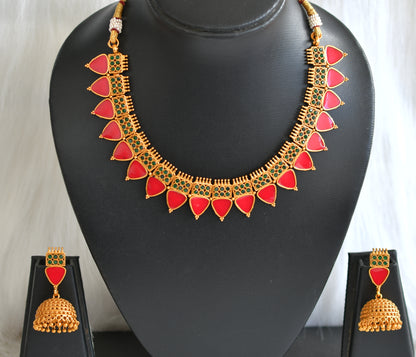 Matte finish Kerala style Green-red necklace set dj-42812