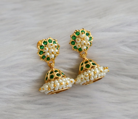 Gold tone ad green stone pearl jhumkka dj-46014