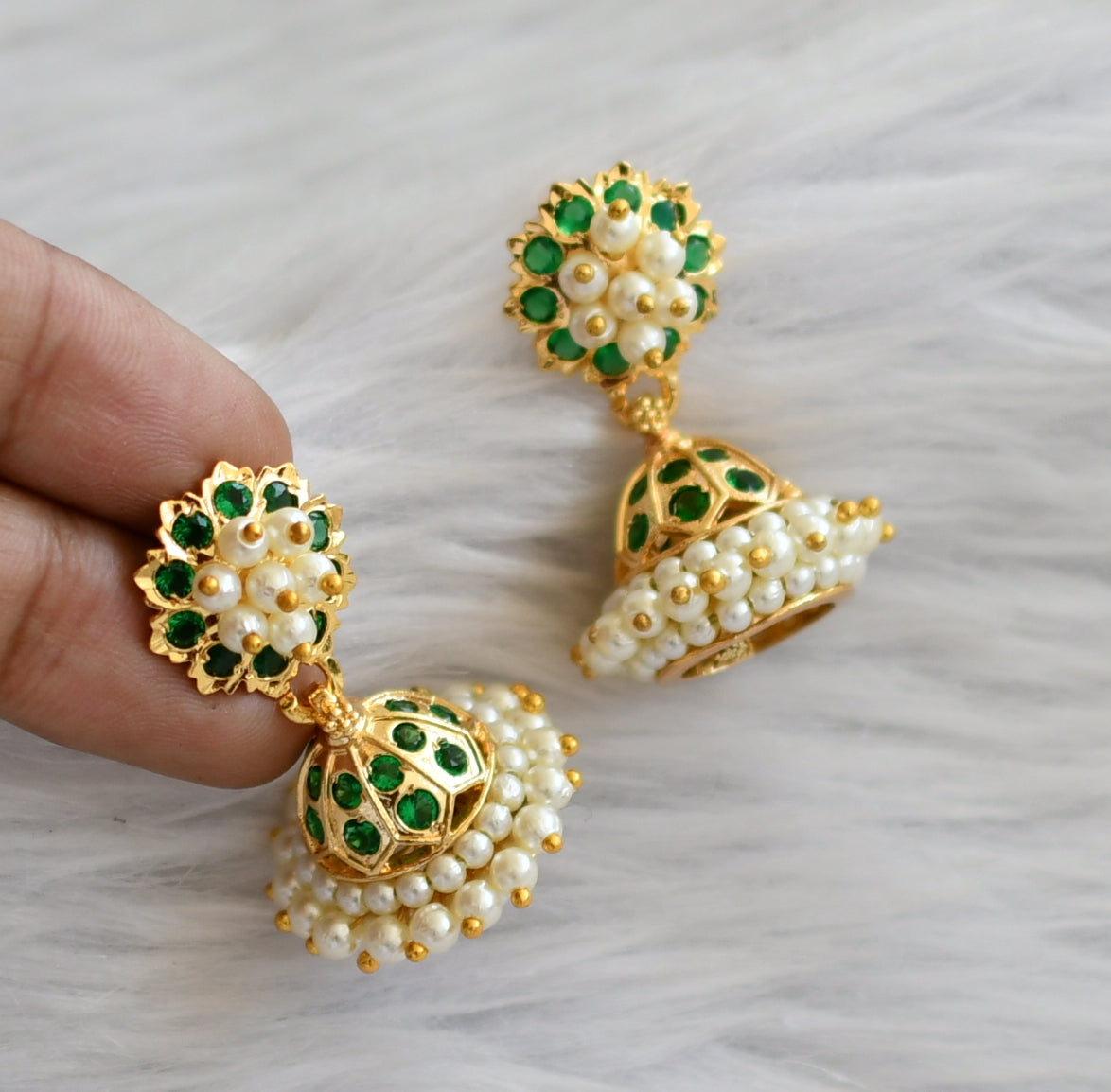 Gold tone ad green stone pearl jhumkka dj-46014