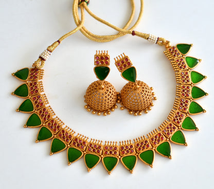 Matte finish Kerala style Maroon-Green necklace set dj-42813