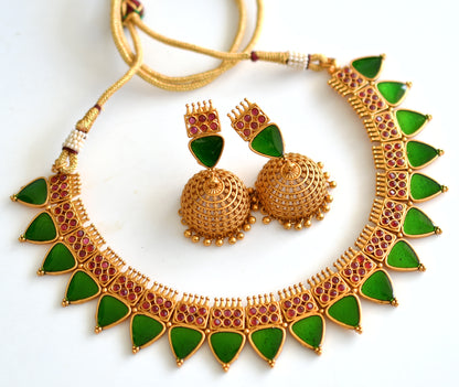Matte finish Kerala style Maroon-Green necklace set dj-42813