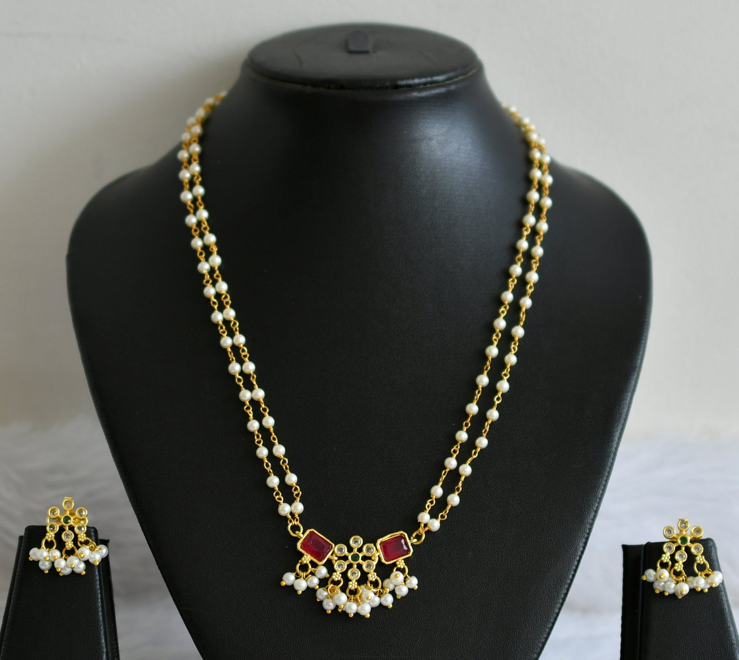 Gold tone cz ruby-green pearl flower necklace set dj-49506