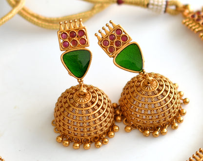 Matte finish Kerala style Maroon-Green necklace set dj-42813