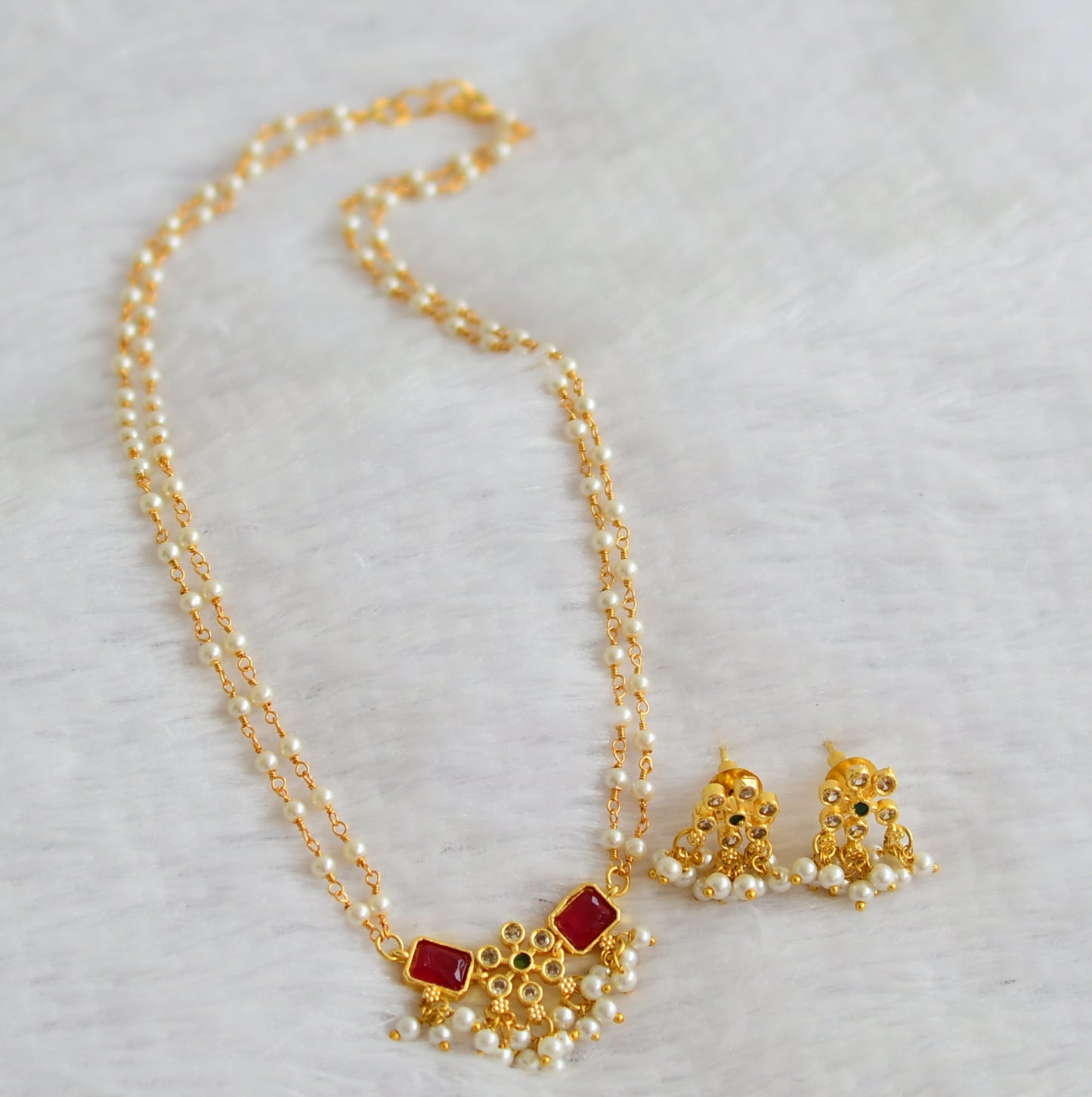 Gold tone cz ruby-green pearl flower necklace set dj-49506