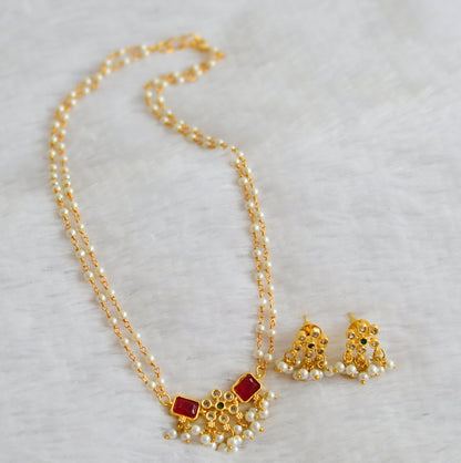 Gold tone cz ruby-green pearl flower necklace set dj-49506