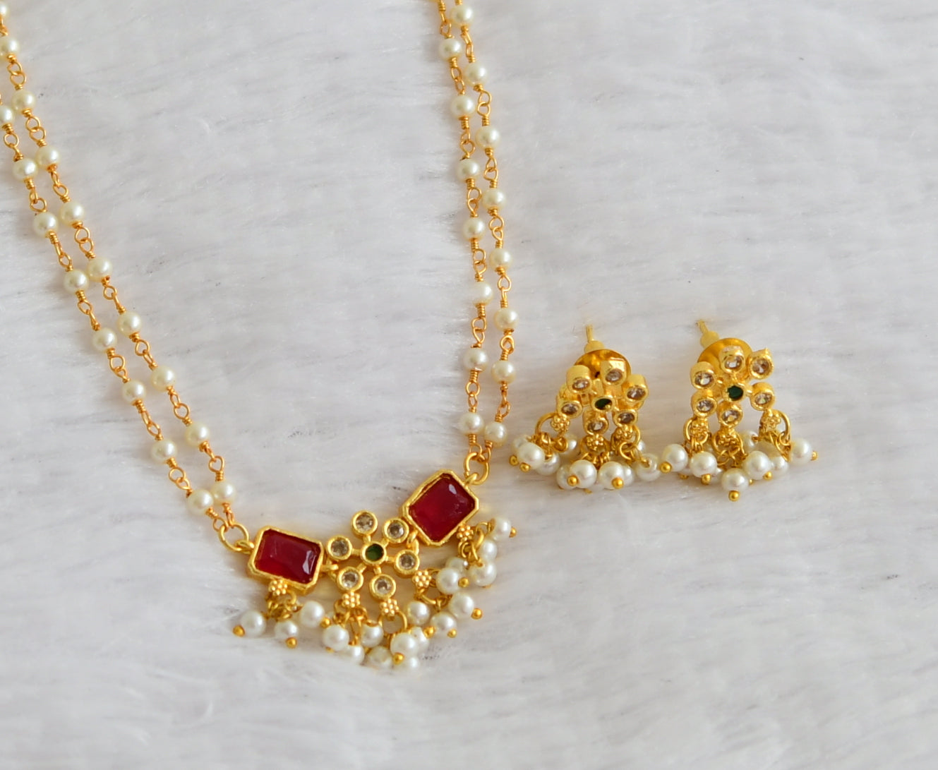 Gold tone cz ruby-green pearl flower necklace set dj-49506