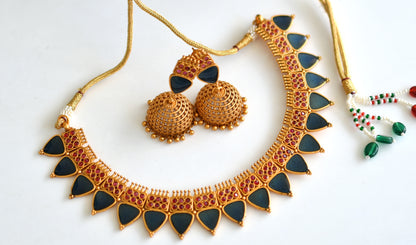Matte finish Kerala style Maroon-blue necklace set dj-42811