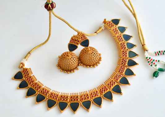 Matte finish Kerala style Maroon-blue necklace set dj-42811