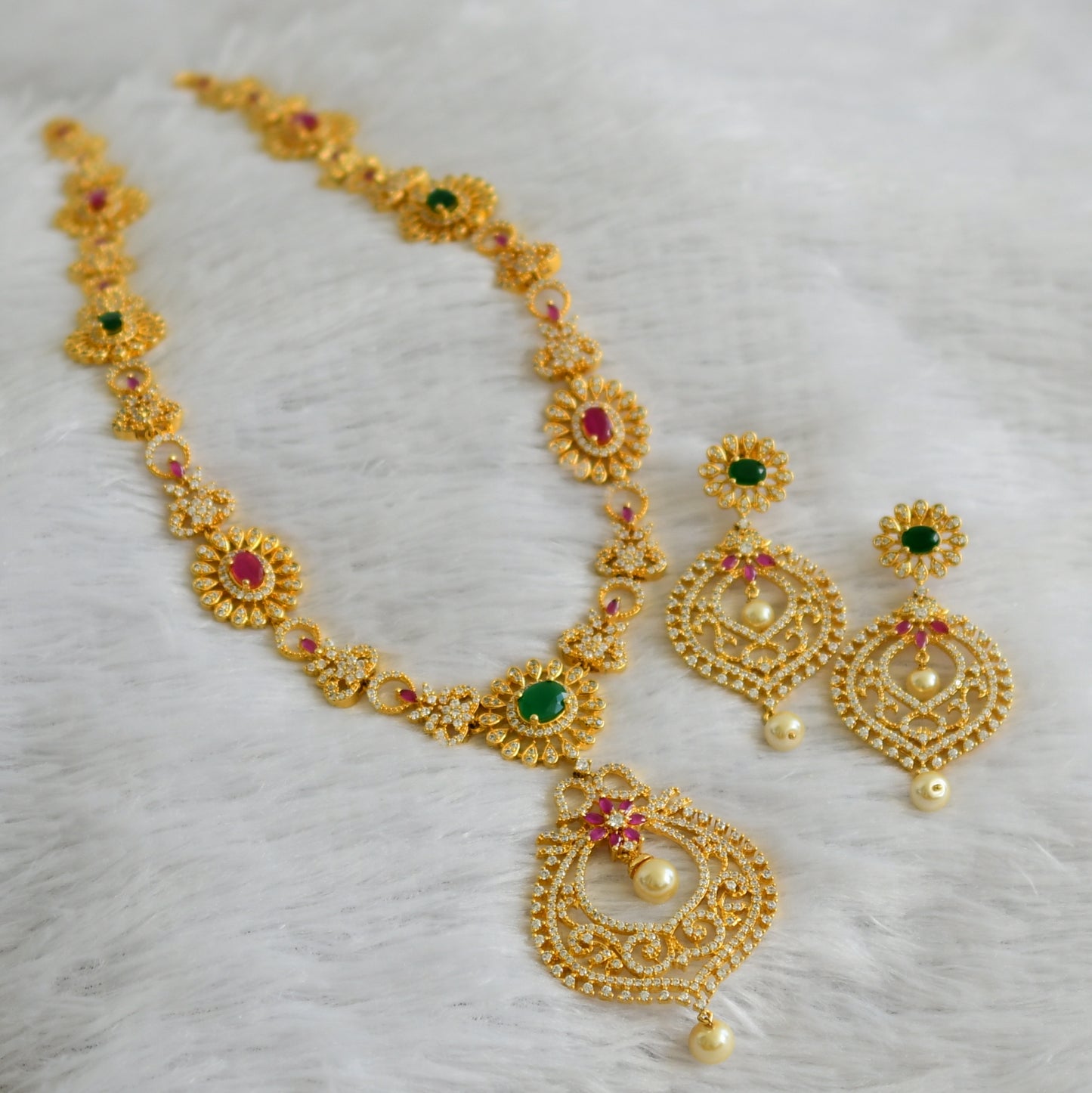 Gold tone cz ruby-green-white flower haar set dj-47638