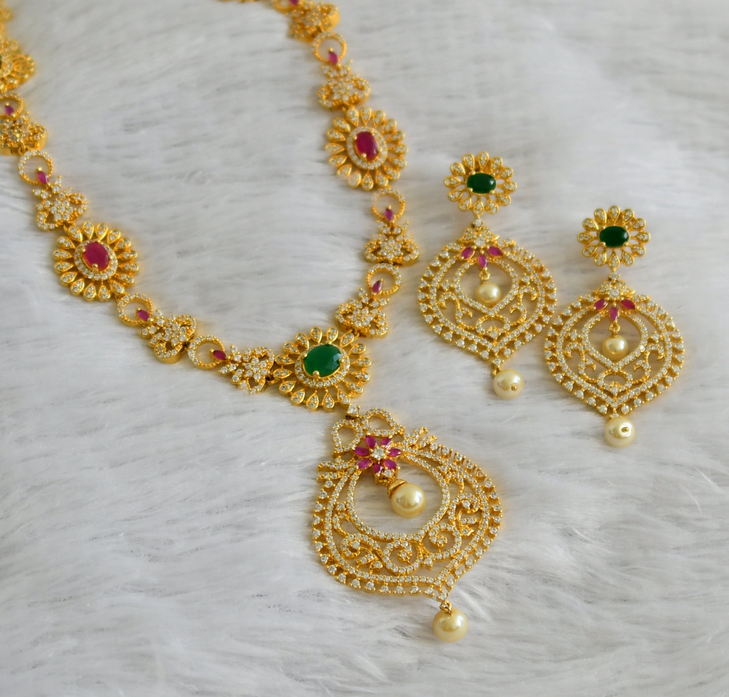 Gold tone cz ruby-green-white flower haar set dj-47638