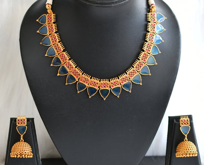 Matte finish Kerala style Maroon-blue necklace set dj-42811