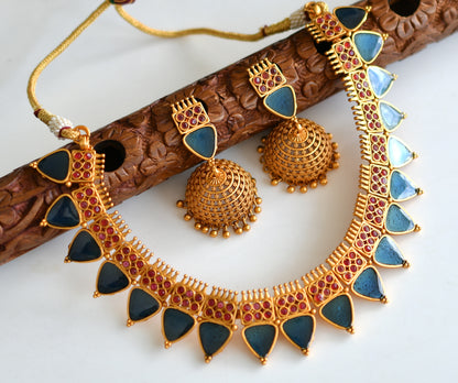 Matte finish Kerala style Maroon-blue necklace set dj-42811