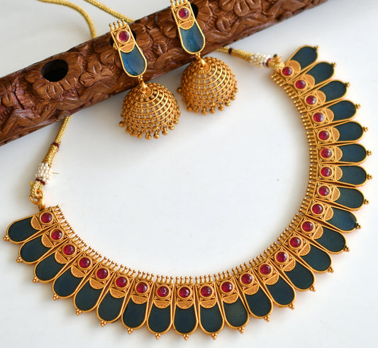 Matte finish Kerala style Maroon-Blue Nagapadam necklace set dj-42814