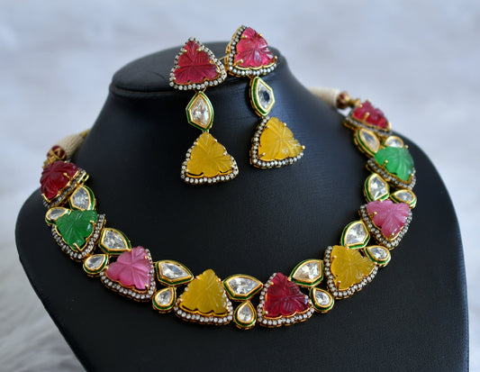 Gold tone ad flower carved kundan necklace set dj-47627