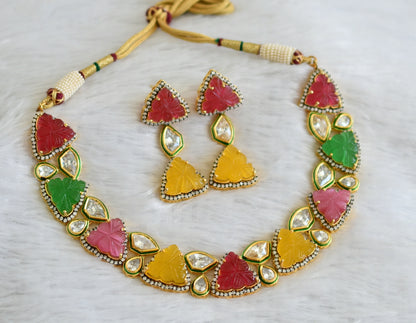 Gold tone ad flower carved kundan necklace set dj-47627