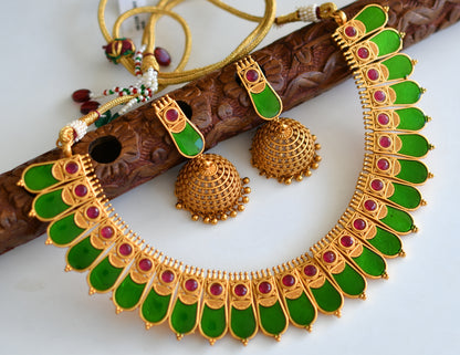 Matte finish Kerala style Green-Red Nagapadam necklace set dj-42816