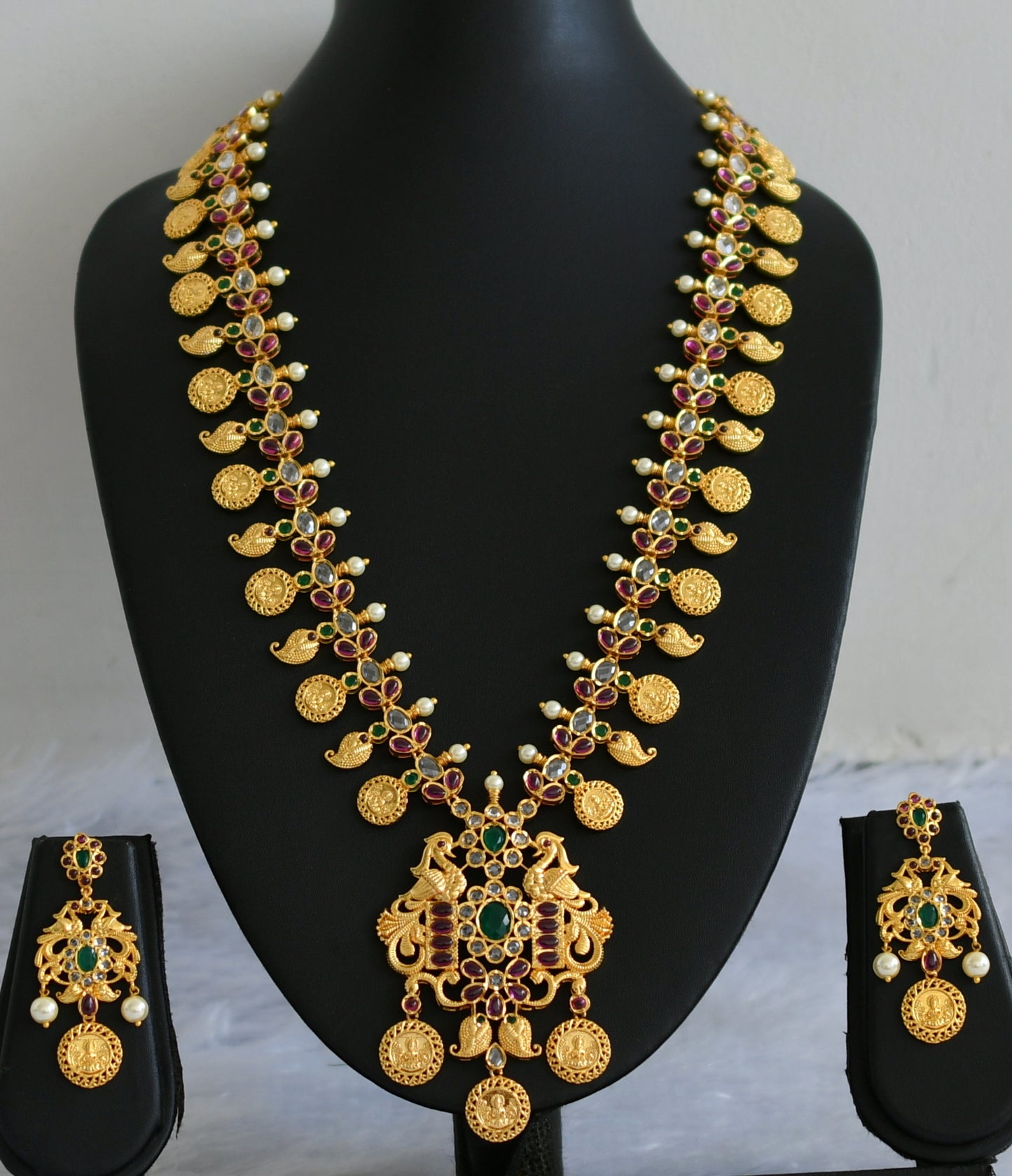 Gold tone pink-green-white pearl peacock lakshmi coin haar set dj-47637