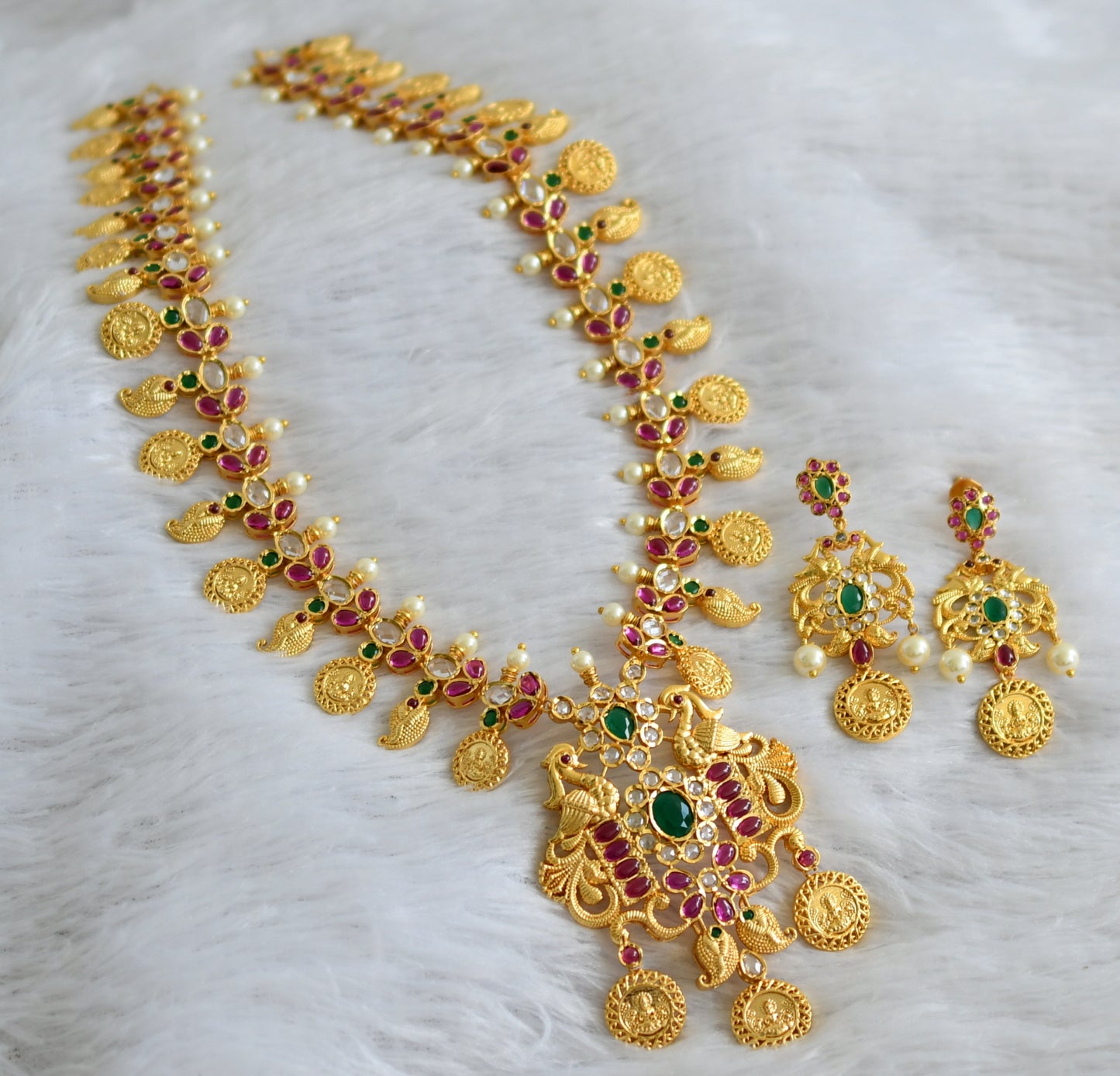 Gold tone pink-green-white pearl peacock lakshmi coin haar set dj-47637