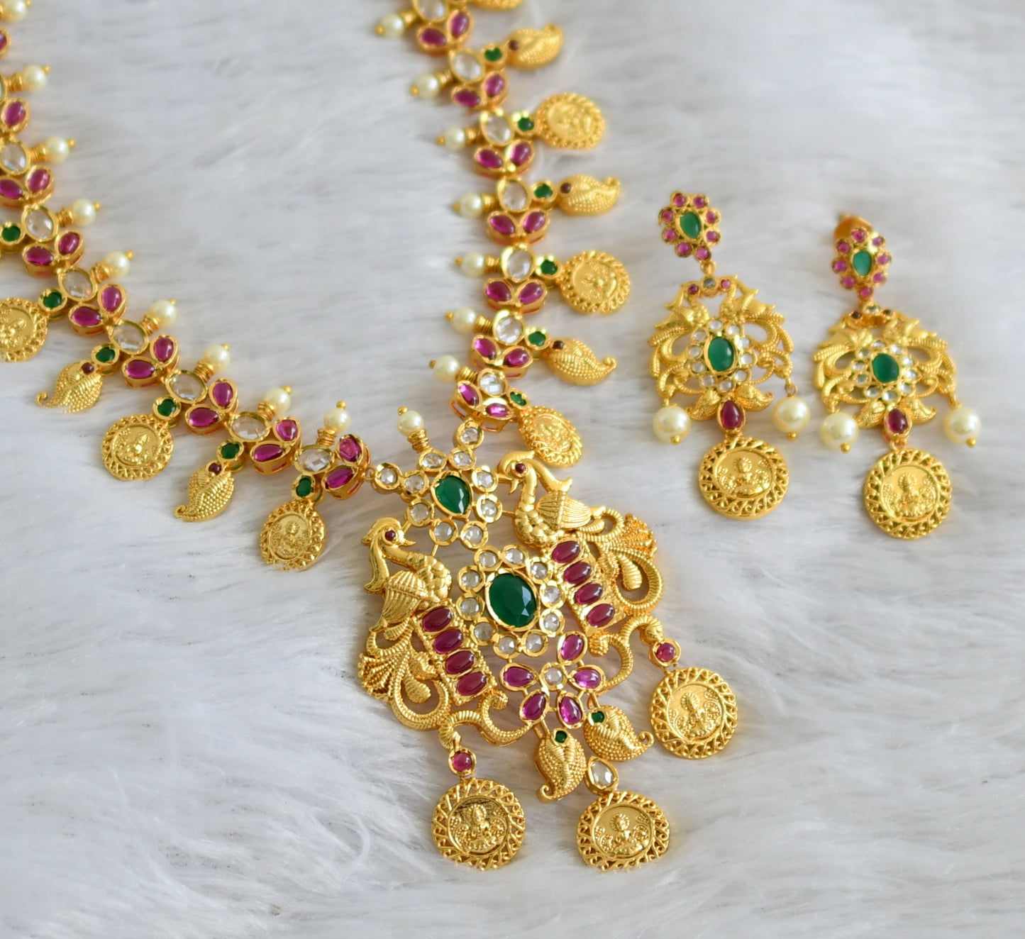 Gold tone pink-green-white pearl peacock lakshmi coin haar set dj-47637