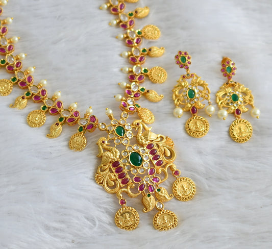 Gold tone pink-green-white pearl peacock lakshmi coin haar set dj-47637