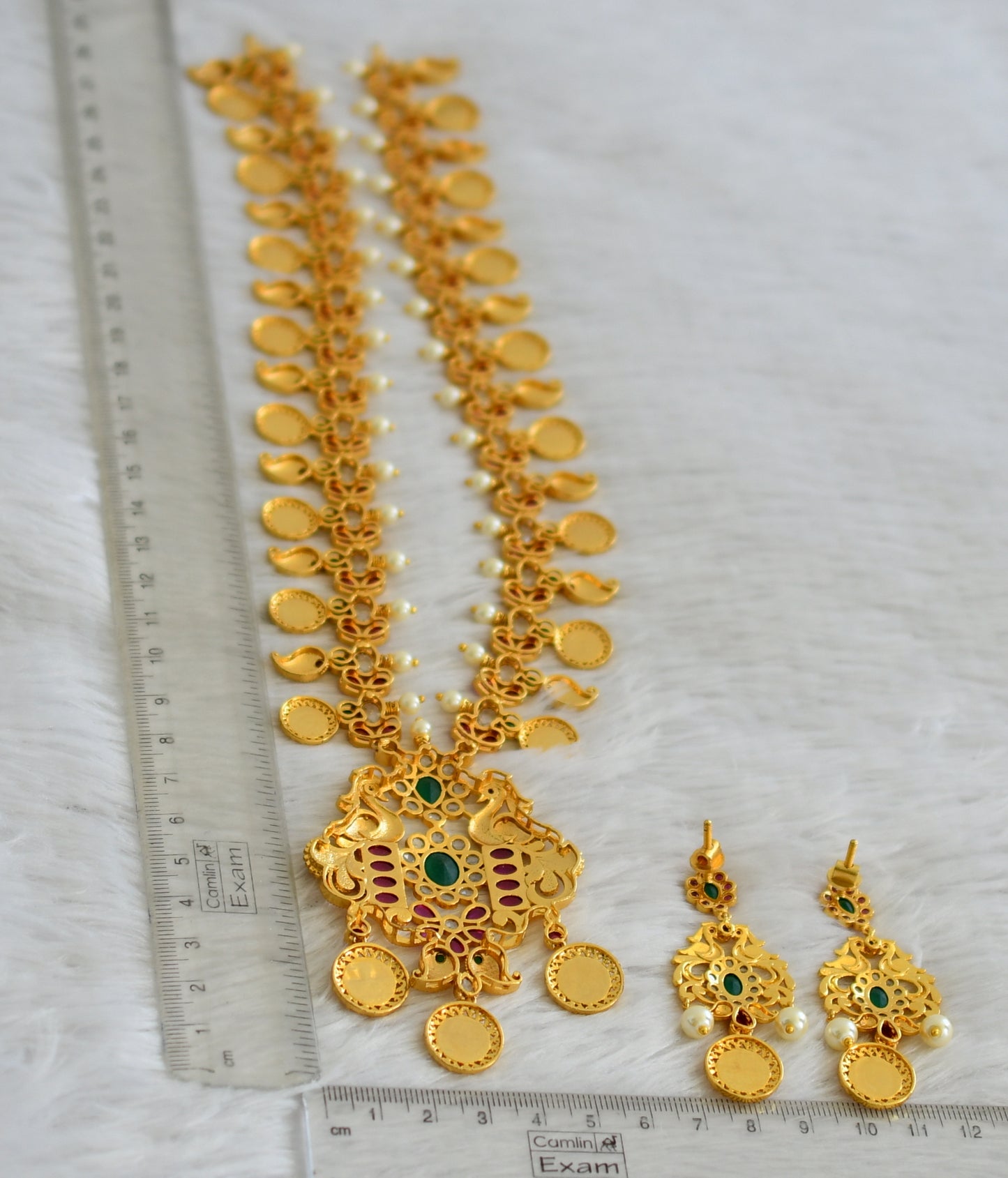 Gold tone pink-green-white pearl peacock lakshmi coin haar set dj-47637