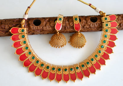 Matte finish Kerala style Green-Red Nagapadam necklace set dj-42815