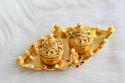 Matte gold tone kemp-green pearl lakshmi flower kumkum box dj-44253