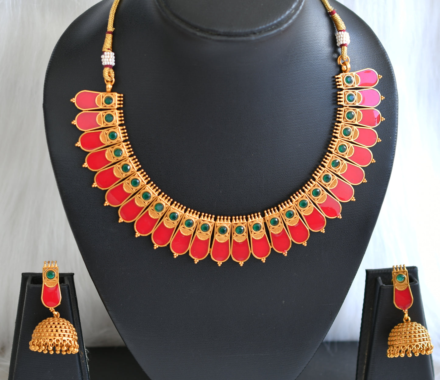 Matte finish Kerala style Green-Red Nagapadam necklace set dj-42815