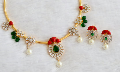 Gold tone cz white coral-green-pearl beaded flower hasli necklace set dj-49434