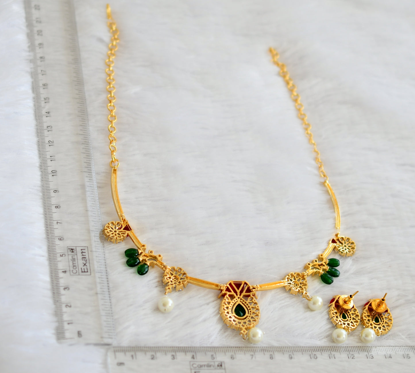 Gold tone cz white coral-green-pearl beaded flower hasli necklace set dj-49434