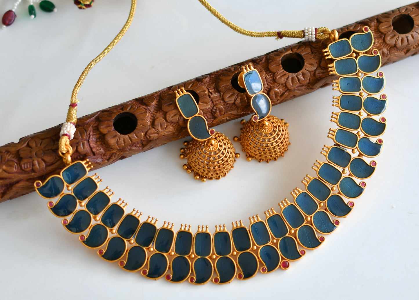 Matte finish Kerala style Blue Mango necklace set dj-42817