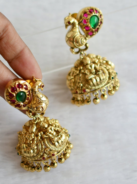 Antique gold tone kemp-green lakshmi swan big jhumkka dj-30840