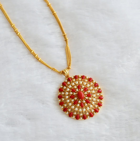 Gold tone 24 inches chain with coral-pearl round pendant dj-46010